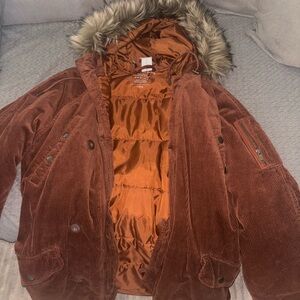 Brown Corduroy Jacket with Faux Fur Hood